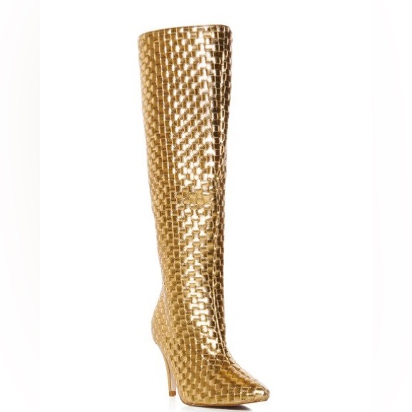 Azalea Wang Metallic Gold Woven Leather Knee High Boots - Picture 3 of 5